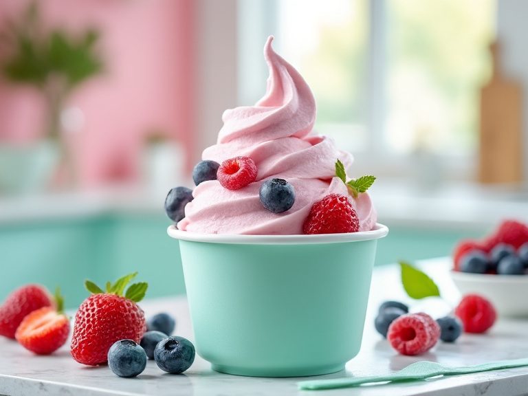 Frozen-Yogurt-Maschine mit fruchtigem Frozen Yogurt und frischen Beeren