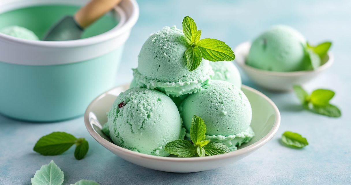 Eismaschine mit frisch gedrehtem cremigem Eis auf moderner Kücheninsel